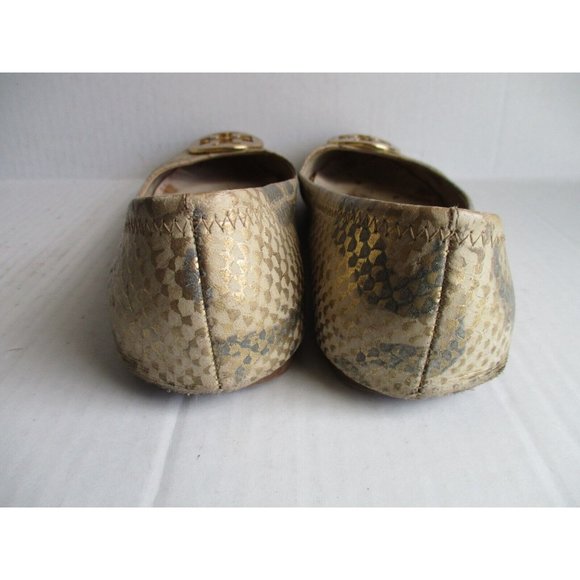 Tory Burch Gold Metallic Flats Reptile Print Logo Medallion - Picture 6 of 7